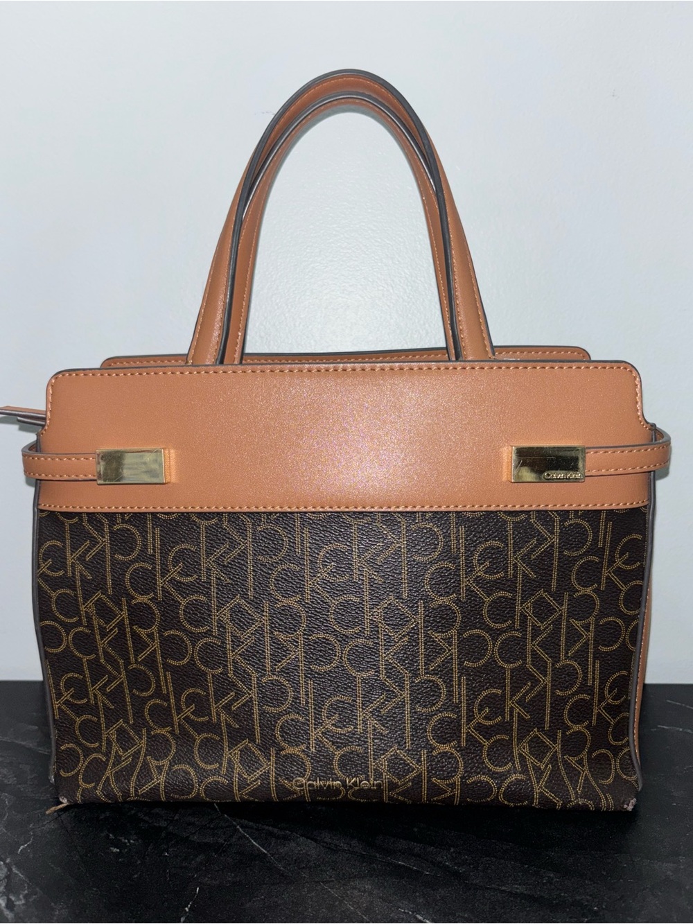 🥥Calvin Klein Brown Monogram Satchel with Tan Trim